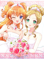 Rule 34 | 2girls, blue eyes, blush, bouquet, breasts, cleavage, dress, earrings, female focus, flower, green eyes, green hair, hair up, houjou hibiki, jewelry, kagami chihiro, long hair, looking at viewer, minamino kanade, multiple girls, necklace, one eye closed, open mouth, orange hair, outstretched hand, precure, small breasts, smile, suite precure, tiara, updo, wedding dress, wife and wife, wink, yuri