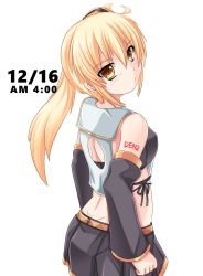 Rule 34 | 1girl, akita neru, backless outfit, bare shoulders, belt, blonde hair, blush, dated, detached sleeves, from behind, highres, kirihane, looking at viewer, looking back, ponytail, sailor collar, shaft look, short hair with long locks, shoulder tattoo, solo, tattoo, vocaloid, white background, yellow eyes