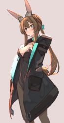 Rule 34 | 1girl, amiya (arknights), animal ear fluff, animal ears, arknights, black jacket, black leotard, black pantyhose, blue eyes, blush, breasts, brown hair, highleg, highleg leotard, hood, hood down, hooded jacket, infection monitor (arknights), jacket, jewelry, leotard, long hair, long sleeves, looking away, looking to the side, medium breasts, neck ring, open clothes, open jacket, pantyhose, ponytail, rabbit ears, rabbit girl, skeptycally, solo, strapless, strapless leotard, twitter username
