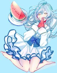 Rule 34 | 1girl, ahoge, assault lily, azamino (lbkamaboko), barefoot, blue background, blue bow, blue bowtie, bow, bowtie, commentary request, eating, food, frilled skirt, frills, fruit, full body, grey hair, hair between eyes, hair spread out, hands up, hat, highres, holding, holding food, knees together feet apart, long sleeves, looking at viewer, lying, miniskirt, official alternate costume, on back, open mouth, sailor collar, sailor hat, sailor shirt, sasaki ran, shirt, simple background, skirt, sleeves past elbows, soles, solo, teeth, unworn headwear, watermelon, watermelon slice, wavy hair, white hat, white sailor collar, white shirt, white skirt, yellow eyes