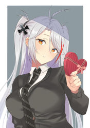 Rule 34 | 1girl, alternate costume, azur lane, bad id, bad pixiv id, black cardigan, black necktie, box, breasts, cardigan, collared shirt, cross, gift, gift box, grey background, grey hair, highres, holding, holding box, iron cross, large breasts, long hair, looking at viewer, multicolored hair, necktie, orange eyes, prinz eugen (azur lane), red hair, shirt, simple background, solo, streaked hair, two-tone background, two-tone hair, upper body, very long hair, white background, white shirt, xiaoxiao de kuangsan