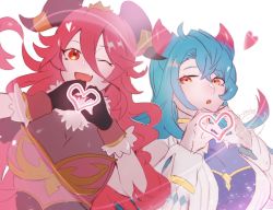 Rule 34 | 2girls, black gloves, blue hair, dragalia lost, fang, gloves, hair between eyes, heart, heart hands, highres, long hair, looking at viewer, mercury (dragalia lost), multicolored hair, multiple girls, mym (dragalia lost), oh01861884, one eye closed, open mouth, red eyes, red hair, skin fang, upper body, very long hair, white background