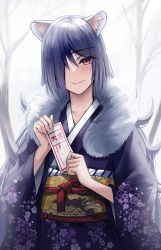 Rule 34 | 1girl, animal ears, blush, floral print, fur trim, hair over one eye, highres, japanese clothes, kimono, long hair, looking at viewer, nicky w, original, outdoors, purple eyes, purple hair, sash, smile, solo