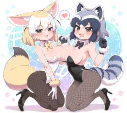 Rule 34 | 2girls, :3, alternate costume, animal ears, black footwear, black legwear, black leotard, blonde hair, blush, brown eyes, commentary request, common raccoon (kemono friends), extra ears, fang, fennec (kemono friends), fishnets, fox ears, fox girl, fox tail, grey hair, heart, high heels, highres, holding hands, kemono friends, kneeling, leotard, matching outfits, multicolored hair, multiple girls, nontraditional playboy bunny, open mouth, pantyhose, playboy bunny, raccoon ears, raccoon girl, raccoon tail, ransusan, short hair, spoken heart, strapless, strapless leotard, tail, two-tone hair, white hair, white leotard