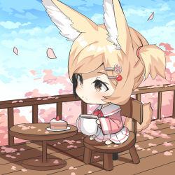 Rule 34 | 1girl, animal ear fluff, animal ears, barefoot, big head, blonde hair, blue sky, brown eyes, cake, cake slice, chibi, cloud, cloudy sky, commentary request, cup, day, food, fox ears, fox girl, fox tail, hair ornament, hairclip, highres, holding, holding cup, long sleeves, original, outdoors, petals, pink shirt, plate, pleated skirt, shirt, side ponytail, sitting, skirt, sky, solo, swept bangs, tail, white skirt, wide sleeves, yuuji (yukimimi)