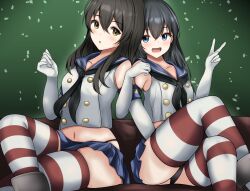 Rule 34 | 2girls, abataa, absurdres, asashio (kancolle), black hair, black hairband, black neckerchief, black panties, blue eyes, blue skirt, breasts, brown eyes, cosplay, crop top, crossed legs, elbow gloves, gloves, grey eyes, hairband, highleg, highleg panties, highres, kantai collection, long hair, microskirt, multiple girls, navel, neckerchief, oyashio (kancolle), panties, pleated skirt, shimakaze (kancolle), shimakaze (kancolle) (cosplay), sitting, skirt, small breasts, striped clothes, striped thighhighs, thighhighs, thong, underwear, v, white gloves