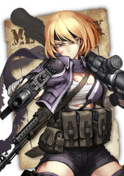 Rule 34 | 1girl, assault rifle, blonde hair, blood, blood on face, breasts, cleavage, commentary, earrings, fingerless gloves, gloves, gun, gun sling, headband, hetza (hellshock), jacket, jewelry, looking at viewer, mac-10/11, ammunition pouch, medium breasts, metal max, open clothes, open jacket, pouch, purple jacket, purple scarf, red eyes, rifle, rocket launcher, sarashi, scarf, short hair, shoulder pads, sling (weapon), soldier (metal max), submachine gun, weapon, zipper