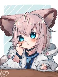 Rule 34 | 1girl, animal ears, arknights, black choker, blush, bracelet, choker, coat, commentary request, fox ears, fox girl, highres, hood, hood down, hooded coat, infection monitor (arknights), jewelry, material growth, medium hair, mokoo rokoo, open mouth, oripathy lesion (arknights), pink hair, solo, sussurro (arknights), white coat