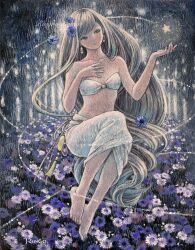 Rule 34 | 1girl, bandeau, bare shoulders, barefoot, black eyes, breasts, commentary request, earrings, flower, forest, full body, grey hair, hand up, highres, jewelry, long hair, nature, oil painting (medium), original, painting (medium), purple flower, ringodrawing, skirt, small breasts, solo, star (symbol), traditional media, very long hair, white bandeau, white flower, white skirt