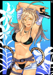 Rule 34 | 1girl, 23 (real xxiii), :p, abs, ahoge, animal ears, animal print, aqua background, armpits, arms behind head, arms up, artist name, belt, bikini, black bikini, blonde hair, blue background, border, breasts, brown hair, buckle, bug, butterfly, butterfly print, buttons, cameltoe, cat ears, cat girl, cat tail, cleavage, clothes lift, covered erect nipples, cowboy shot, cross, denim, denim shorts, fang, female focus, finished, floral background, floral print, flower, glock, glock 26, gun, hair between eyes, halftone, halftone background, handgun, highleg, highleg bikini, highleg swimsuit, highres, holding, holster, insect, jewelry, kemonomimi mode, lanyard, large breasts, light brown hair, lily (flower), lips, long hair, looking up, navel, necklace, nose, open clothes, open fly, open shorts, original, pistol, semi-automatic firearm, shiny skin, shirt lift, short shorts, shorts, signature, solo, standing, strap, string bikini, swimsuit, tail, thigh holster, thigh strap, tiger ears, tiger tail, tongue, tongue out, trigger discipline, unbuttoned, undressing, unzipped, ursula (23), weapon, yellow eyes, zipper