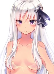 Rule 34 | 1girl, bikini tan, blush, breasts, closed mouth, collarbone, female focus, itsumi mita, long hair, looking at viewer, medium breasts, nude, original, purple eyes, silver hair, simple background, solo, tan, tanline, topless frame, tsurime, upper body, white background