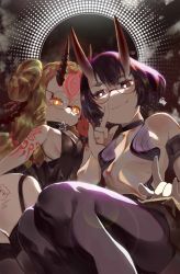 Rule 34 | 2girls, absurdres, artist request, bare shoulders, black dress, black legwear, blonde hair, bob cut, breasts, choker, closed mouth, contemporary, double bun, dress, eyeliner, facial mark, fang, fate/grand order, fate (series), forehead, forehead mark, garter straps, glasses, hair bun, hair pulled back, highres, horns, ibaraki douji (fate), looking at viewer, makeup, multiple girls, oni, pantyhose, pointy ears, purple eyes, purple hair, short hair, shuten douji (fate), sitting, skin-covered horns, small breasts, smile, tattoo, thighhighs, thighs, yellow eyes