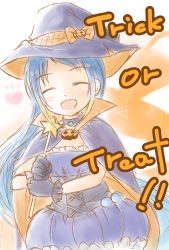 Rule 34 | 10s, 1girl, :d, ^ ^, alternate costume, blue gloves, blue hair, bubble skirt, cape, choker, closed eyes, dress, gloves, halloween, halloween costume, hat, heart, highres, kantai collection, long hair, mae (maesanpicture), open mouth, pumpkin, samidare (kancolle), skirt, smile, solo, star (symbol), swept bangs, trick or treat, very long hair, wand, witch hat