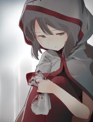 Rule 34 | 1girl, black eyes, black hair, blood, closed mouth, commentary, fetal position, fuu fuu, grey background, hair between eyes, highres, holding, hood, hood up, kaho (momodora), looking away, momodora: reverie under the moonlight, red thighhighs, solo, thighhighs