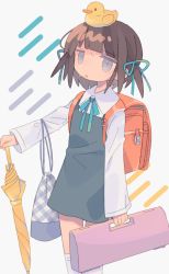 Rule 34 | 1girl, arm at side, backpack, bag, blue dress, blue ribbon, brown hair, closed umbrella, collared shirt, daizu (melon-lemon), dot nose, dress, expressionless, from side, grey background, hair ornament, hair ribbon, hand up, highres, holding, holding umbrella, jitome, long sleeves, looking at viewer, muted color, neck ribbon, object on head, on head, original, parted lips, pinafore dress, plaid, purple eyes, randoseru, ribbon, rubber duck, shirt, short hair, simple background, sleeveless dress, solo, sweat, thighhighs, toy, two side up, umbrella, white shirt, white thighhighs, yellow umbrella