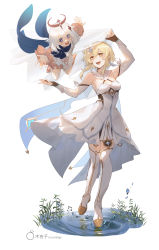 Rule 34 | 2girls, :d, absurdres, arm up, artist name, bare shoulders, black gloves, blonde hair, blue eyes, chinese commentary, commentary request, detached sleeves, dress, eye contact, floating, flower, full body, genshin impact, gloves, grass, hair flower, hair ornament, halo, highres, holding veil, long sleeves, looking at another, lumine (genshin impact), mujizi, multiple girls, open mouth, outstretched arm, outstretched arms, outstretched hand, paimon (genshin impact), partially fingerless gloves, ripples, shoes, short hair, short hair with long locks, silver hair, simple background, single thighhigh, smile, spread arms, teeth, thighhighs, upper teeth only, veil, water, white background, white dress, white legwear, yellow eyes