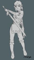 Rule 34 | 1girl, belt, boots, champion&#039;s tunic (zelda), full body, genderswap, genderswap (mtf), highres, hirofujie, holding, holding sword, holding weapon, knee boots, link, looking at viewer, master sword, monochrome, nintendo, pointy ears, sheath, short hair, sidelocks, signature, solo, standing, sword, the legend of zelda, the legend of zelda: breath of the wild, weapon