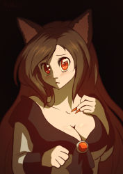 Rule 34 | 1girl, animal ears, artist name, black background, blush, breasts, brooch, brown hair, cleavage, collarbone, dress, eyelashes, female focus, fingernails, hand on own chest, imaizumi kagerou, jewelry, large breasts, long hair, looking at viewer, looking to the side, nail polish, off-shoulder dress, off shoulder, parted lips, red eyes, red nails, sharp fingernails, simple background, solo, tareme, touhou, velkia, very long hair, wolf ears