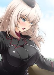 Rule 34 | 10s, 1girl, black jacket, blue eyes, blush, breasts, diesel-turbo, dress shirt, garrison cap, girls und panzer, hat, itsumi erika, jacket, large breasts, long hair, long sleeves, looking to the side, military, military uniform, parted lips, red shirt, shirt, silver hair, solo, uniform