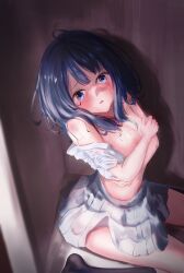 Rule 34 | 1girl, absurdres, ahoge, black socks, blue eyes, blue hair, blush, breasts, bruise, bruise on face, collared shirt, covering breasts, covering privates, crying, crying with eyes open, grey skirt, highres, injury, kneehighs, large breasts, looking at viewer, make heroine ga oo sugiru!, medium hair, miniskirt, nipples, off shoulder, open clothes, open shirt, parted lips, pleated skirt, scared, school uniform, shinyakou, shirt, sitting, skirt, socks, solo, sweat, tears, wariza, white shirt, yanami anna