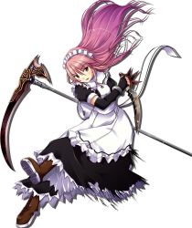 Rule 34 | boots, knife, long hair, maid, pink hair, red eyes, scythe, simple background, solo