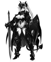 Rule 34 | 1girl, armor, bikini armor, blush, boobplate, boots, breastplate, breasts, cape, closed mouth, dark knight (monster girl encyclopedia), demon girl, demon horns, demon tail, female knight, full body, gorget, greaves, greyscale, hair intakes, hand on hilt, headpiece, high heel boots, high heels, highres, holding, holding sword, holding weapon, horns, kenkou cross, knight, large breasts, legs apart, long hair, long sword, looking at viewer, monochrome, monster girl encyclopedia, official art, one eye covered, pauldrons, pointy ears, ponytail, pubic tattoo, revealing clothes, shield, shoulder armor, simple background, smile, solo, standing, succubus (monster girl encyclopedia), sword, tail, tattoo, weapon, white background, wings