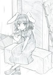 Rule 34 | 1girl, animal ears, between legs, blush, boots, carrot, dress, eating, frilled shirt collar, frills, full body, graphite (medium), greyscale, hand between legs, highres, inaba tewi, looking at viewer, mahiro (akino-suisen), medium hair, monochrome, one-hour drawing challenge, puffy short sleeves, puffy sleeves, rabbit ears, short sleeves, sitting, solo, touhou, traditional media