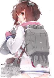 Rule 34 | 1girl, absurdres, ass, bag, binoculars, blush, brown eyes, brown hair, from behind, gloves, hair ornament, highres, holding, kantai collection, kou mashiro, long sleeves, looking at viewer, looking back, machinery, open mouth, panties, pink gloves, pink scarf, scarf, school uniform, simple background, solo, underwear, white background, white panties