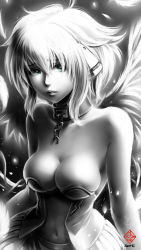 Rule 34 | 1girl, absurdres, bad id, bad pixiv id, bare shoulders, blue eyes, breasts, cleavage, collarbone, greyscale, highres, ikaros, kanchiyo, looking at viewer, medium breasts, monochrome, navel, parted lips, signature, solo, sora no otoshimono