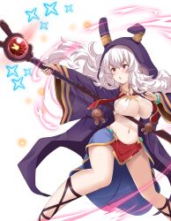 Rule 34 | 1girl, absurdres, alternate breast size, animal ears, azur lane, blush, breasts, fake animal ears, feet out of frame, gladiator sandals, hands up, highres, holding, holding staff, hooded robe, jewelry, laffey (azur lane), laffey (sleepageddon) (azur lane), large breasts, long hair, long sleeves, magician, mikuchi3939, navel, official alternate costume, open mouth, purple robe, rabbit ears, red eyes, revealing clothes, robe, sandals, simple background, solo, staff, v-shaped eyebrows, white background, white hair, wide sleeves