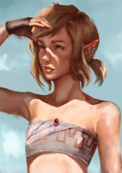 Rule 34 | 1boy, bad id, bad tumblr id, bandeau, bare shoulders, blonde hair, blue eyes, commentary, earrings, jewelry, link, lips, male focus, nintendo, nose, pointy ears, resa l. (tek-kie), short ponytail, solo, strapless, the legend of zelda, trap, tube top