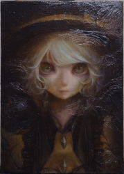 Rule 34 | 1girl, absurdres, black hat, blonde hair, blouse, closed mouth, commentary request, dark background, expressionless, eyebrows hidden by hair, frilled shirt collar, frills, green eyes, hat, hat ribbon, highres, igap, komeiji koishi, looking at viewer, oil painting (medium), painting (medium), photo (medium), ribbon, shirt, short hair, solo, swept bangs, touhou, traditional media, upper body, wavy hair, yellow shirt