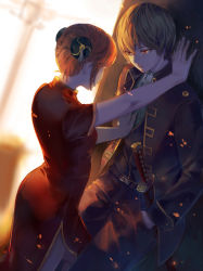 Rule 34 | 1boy, 1girl, against wall, black jacket, black pants, brown hair, china dress, chinese clothes, couple, double bun, dress, dutch angle, eye contact, gintama, hair between eyes, hand in pocket, highres, jacket, kagura (gintama), looking at another, military, military uniform, okita sougo, open clothes, open jacket, orange hair, pants, red dress, red eyes, sheath, sheathed, short hair, short sleeves, standing, sword, uniform, kabedon, weapon