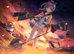 Rule 34 | 2girls, aircraft, airplane, apron, arm guards, azur lane, backlighting, bare shoulders, belfast (azur lane), black dress, black ribbon, blue eyes, blush, breasts, cloud, commentary request, crown, dawn, dress, dutch angle, elbow gloves, evening, frilled dress, frills, gloves, gluteal fold, gradient sky, green eyes, hair ornament, hair ribbon, hairclip, holding, holding weapon, horizon, huge weapon, javelin (azur lane), light particles, long hair, looking at viewer, medium breasts, military, military vehicle, mini crown, multiple girls, neckerchief, ocean, outstretched arm, panties, pantyhose, pink neckerchief, polearm, ponytail, purple hair, remodel (azur lane), ribbon, rigging, ryoumoto ken, ship, shipwreck, shirt, silver hair, sinking, skirt, sky, sleeveless, sleeveless shirt, smoke, spear, sunlight, sunset, thighhighs, torpedo tubes, underwear, wading, waist apron, warship, water, watercraft, weapon, white apron, white gloves, white legwear, white shirt, white skirt, wind