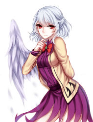 Rule 34 | 1girl, absurdres, arm behind back, bad id, bad pixiv id, bow, bowtie, breasts, dress, finger to own chin, highres, jacket, kishin sagume, light smile, long sleeves, purple dress, red eyes, sheya, short dress, short hair, silver hair, single wing, smile, solo, touhou, wings