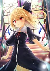 Rule 34 | 1girl, ahoge, alternate costume, black dress, black ribbon, blonde hair, blurry, blurry background, blush, commentary request, cowboy shot, cross, crystal, depth of field, dress, earrings, flandre scarlet, habit, hair ribbon, highres, indoors, jewelry, light particles, light rays, long hair, looking at viewer, medium hair, neck ribbon, no headwear, one side up, open mouth, parted lips, partial commentary, red cross, red eyes, red ribbon, renka (cloudsaikou), ribbon, short sleeves, solo, stained glass, stairs, standing, sunbeam, sunlight, touhou, wide sleeves, wings