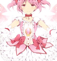 Rule 34 | 10s, 1girl, blush, bow, choker, dress, gloves, hair ribbon, jewelry, kaname madoka, komine, lights, magical girl, mahou shoujo madoka magica, mahou shoujo madoka magica (anime), outstretched hand, pendant, petticoat, pink dress, pink eyes, pink hair, pink skirt, ribbon, skirt, smile, solo, soul gem, tears, twintails, white gloves, wings