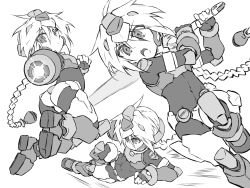 Rule 34 | 1girl, arm cannon, arms up, ass, bodysuit, boots, braid, commentary request, covered navel, fingerless gloves, flying kick, gloves, greyscale, jumping, kicking, legs up, long hair, looking back, monochrome, open mouth, original, ponytail, running, simple background, sketch, solo, sword, tomoshibi hidekazu, very long hair, weapon, white background
