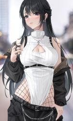 Rule 34 | 1girl, bare shoulders, belt, black belt, black eyes, black hair, black pants, blurry, blurry background, blush, breasts, cleavage, cleavage cutout, clothes pull, clothing cutout, collared shirt, fishnet pantyhose, fishnets, highres, jacket, jewelry, long hair, looking at viewer, necklace, open clothes, open jacket, original, outdoors, pants, pants pull, pantyhose, parted lips, playing with own hair, po ppe, shirt, sidelocks, smile, solo, white shirt