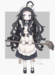 Rule 34 | 1girl, absurdres, ahoge, aida (aidia), apron, averting eyes, bags under eyes, black dress, black footwear, black hair, bolo tie, bright pupils, broom, collared dress, commentary request, dot nose, dress, frilled apron, frills, full body, grey background, grey eyes, highres, holding, holding broom, juliet sleeves, long hair, long sleeves, maid, maid apron, maid headdress, messy hair, no sclera, original, outside border, pantyhose, parted lips, puffy sleeves, short bangs, sideways glance, signature, simple background, solo, standing, very long hair, white pantyhose, white pupils