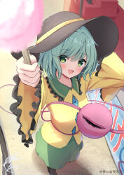 Rule 34 | 1girl, black hat, blush, buttons, commentary request, cotton candy, diamond button, food, frilled sailor collar, frilled sleeves, frills, from below, green eyes, green hair, green skirt, hat, highres, holding, holding food, komeiji koishi, long sleeves, looking at viewer, niko kusa, one eye closed, open mouth, outdoors, sailor collar, shirt, signature, skirt, smile, solo, sun hat, third eye, touhou, wide sleeves, yellow shirt