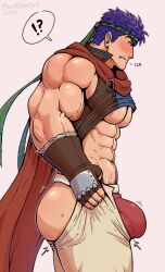 Rule 34 | 1boy, abs, ass, bara, biceps, blue hair, blush, bulge, bulge lift, cape, clothes lift, dressing, feet out of frame, fire emblem, fire emblem: path of radiance, from side, headband, i&#039;ve never seen a guy recreate this successfully tbh (meme), ike (fire emblem), jockstrap, large pectorals, long sideburns, male focus, male underwear, meme, motion lines, muscular, muscular male, navel hair, nintendo, nipples, open pants, pants, pants lift, pectorals, red cape, red male underwear, shirt lift, short hair, sideburns, sidepec, solo, stomach, thick thighs, thighs, underpec, undersized clothes, underwear, wolfshirtart