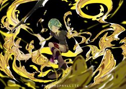 Rule 34 | 1other, androgynous, bad id, bad pixiv id, character name, expressionless, gem uniform (houseki no kuni), gold, golden arms, green eyes, green hair, houseki no kuni, looking at viewer, necktie, phosphophyllite, ryein, short hair, shorts, solo, spoilers