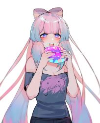 Rule 34 | 1girl, absurdres, alternate costume, bare shoulders, commentary, doughnut, food, genshin impact, grey shirt, hands up, highres, holding, holding food, long hair, nail polish, necrophallicus, off-shoulder shirt, off shoulder, open mouth, pink hair, purple eyes, sangonomiya kokomi, shirt, short sleeves, simple background, solo, t-shirt, upper body, very long hair, white background