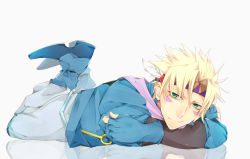 Rule 34 | 1boy, battle tendency, blonde hair, blue jacket, boots, caesar anthonio zeppeli, cropped jacket, crossed arms, facial mark, feathers, fingerless gloves, full body, gloves, green eyes, haine (howling), headband, jacket, jojo no kimyou na bouken, knee pads, looking at viewer, lying, male focus, on stomach, pants, ribbon, scarf, solo, white pants