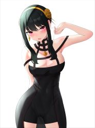 Rule 34 | 1girl, absurdres, arm behind back, arm up, bare shoulders, black dress, black hair, blush, breasts, cleavage, commentary, cowboy shot, dress, earrings, flower, gold earrings, gold hairband, gweda, hair flower, hair ornament, hairband, highres, jewelry, large breasts, long hair, open mouth, red eyes, resolution mismatch, rose, sidelocks, simple background, sleeveless, sleeveless dress, solo, source smaller, spy x family, sweat, yor briar