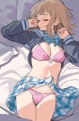 Rule 34 | 1girl, aochoku, blue skirt, blush, bow, bow bra, bow panties, bra, breasts, cleavage, closed eyes, clothes lift, grey shirt, highres, idolmaster, idolmaster shiny colors, light brown hair, long sleeves, medium breasts, medium hair, navel, panties, pink bow, pink bra, pink panties, plaid, plaid skirt, sailor collar, sakuragi mano, shirt, shirt lift, skirt, skirt lift, sleeping, solo, swept bangs, thighs, underwear, white sailor collar
