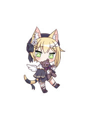 Rule 34 | 1girl, animal ear fluff, animal ears, bandaid on eye, black bow, black capelet, black footwear, black ribbon, black shorts, blush, bow, capelet, cat ears, cat girl, cat tail, chibi, commentary request, covered mouth, feathered wings, flower, green eyes, hair between eyes, hair flower, hair ornament, hairclip, highres, kurumi noah, hugging object, ribbon, rose, shoes, short shorts, shorts, simple background, solo, striped, striped bow, stuffed animal, stuffed toy, synn032, tail, tail ornament, tail ribbon, teddy bear, virtual youtuber, vspo!, white background, white flower, white rose, white wings, wings, x hair ornament