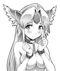 Rule 34 | 1girl, 3:, bdsm, blush, breasts, collar, covering privates, covering breasts, cuffs, cuffs-to-collar, greyscale, headdress, large breasts, long hair, looking at viewer, monochrome, nude, nude cover, riesz, seiken densetsu, seiken densetsu 3, shin (sin-maniax), slave, solo, square enix