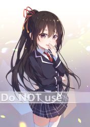 Rule 34 | 1girl, black hair, black jacket, black skirt, blazer, blush, brown eyes, chinese commentary, collared shirt, english text, hair between eyes, hair ribbon, hand to own mouth, hand up, highres, jacket, long hair, mo (pixiv9929995), necktie, open mouth, original, pleated skirt, ponytail, red necktie, red ribbon, ribbon, school uniform, shirt, skirt, smile, solo, thighhighs, very long hair, watermark, white shirt, white thighhighs